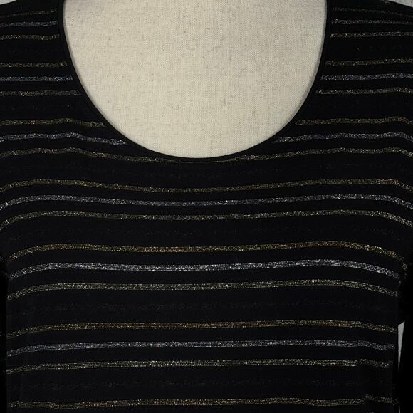 Chico’s SZ 1 (Medium) Top Striped Long Sleeves Stretch Scoop Neck Metallic Black - Picture 2 of 7